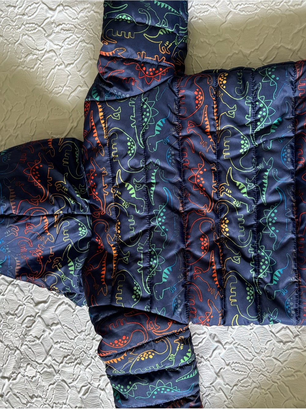 Little Me Navy Dinosaur Print Puffer Jacket with Multicolor Accents - Picture 7 of 8